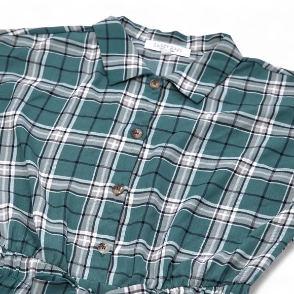 Sweet Rain Teal Green Plaid Women's Peplum Short-Sleeve Blouse Size Large EUC - Picture 3 of 8